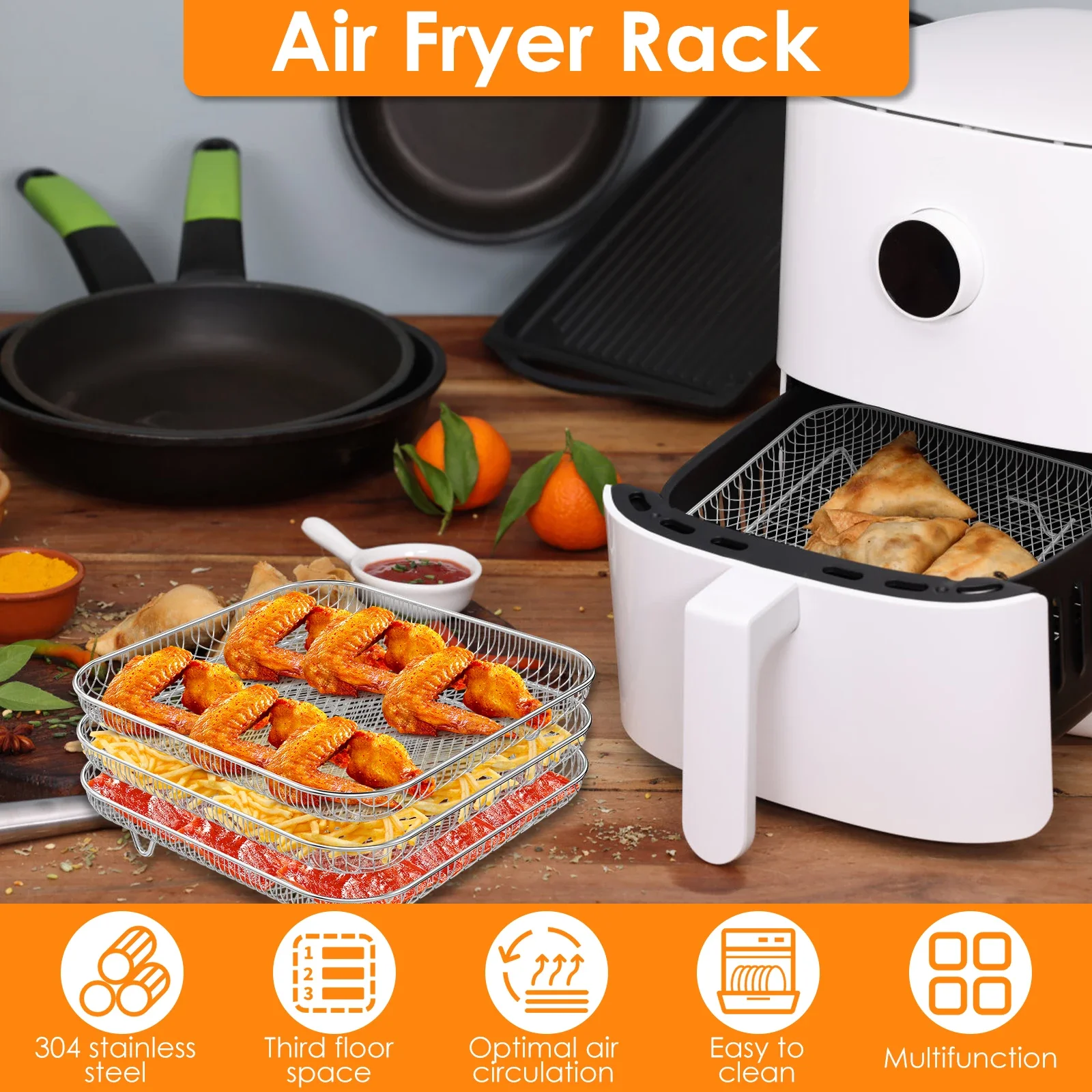 3Layer Air Fryer Rack Square Air Fryer Grill Rack Stainless Steel Grill Dehydrator Stackable Basket with 8