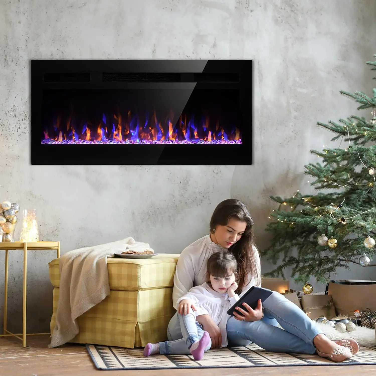 1500W Electric Fireplaces for Living Room Wood Decorative 3d Flame Indoor Recessed Wall Mounted Home Heater With Remote Control