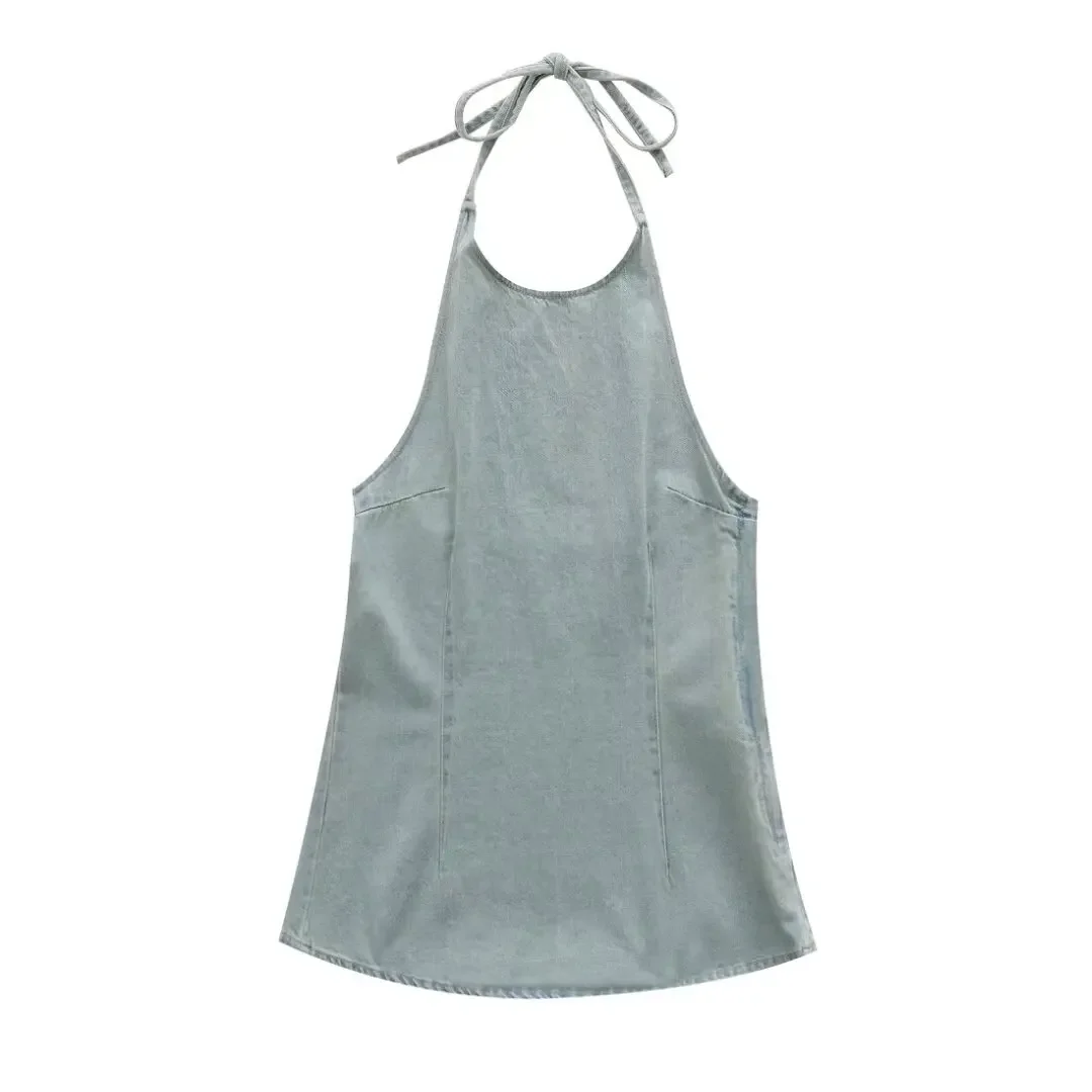 

Women's 2024 New chic fashion Lace up Hanging neck slim fit denim mini dress retro sleeveless backless women's dress Mujer