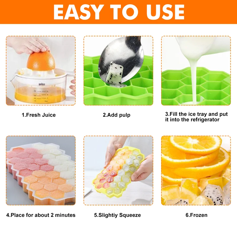 37 Cavity Honeycomb Ice Cube Trays Reusable Silicone Ice Cube Mold BPA Free Maker with Removable Lids