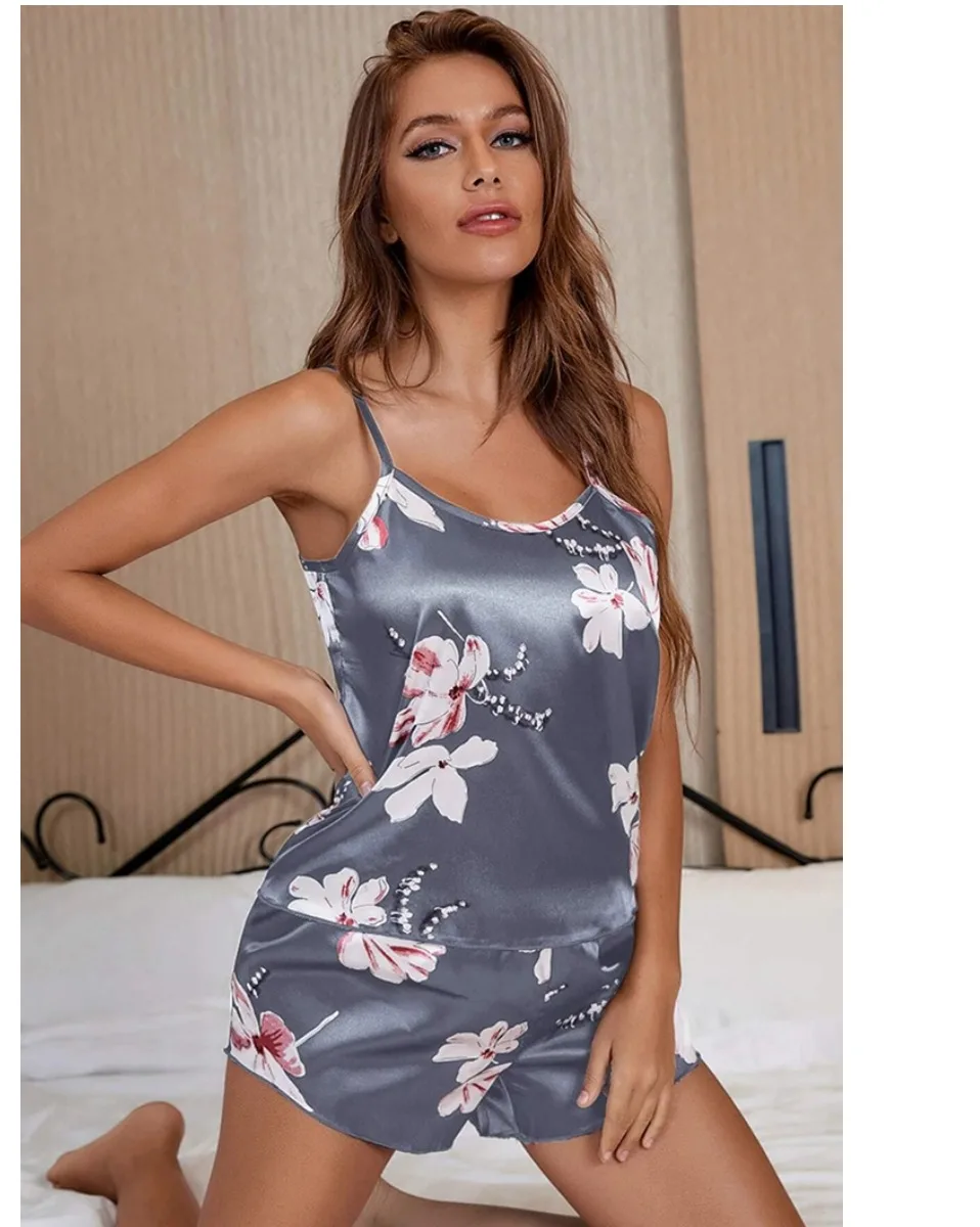 ladies pajama 2022 New Fashion Sexy Floral Pajama Set Women's 2 Pieces Sleepwear Pyjamas Silk Satin Cami Top and Shorts Pajamas for Women Pajama Sets