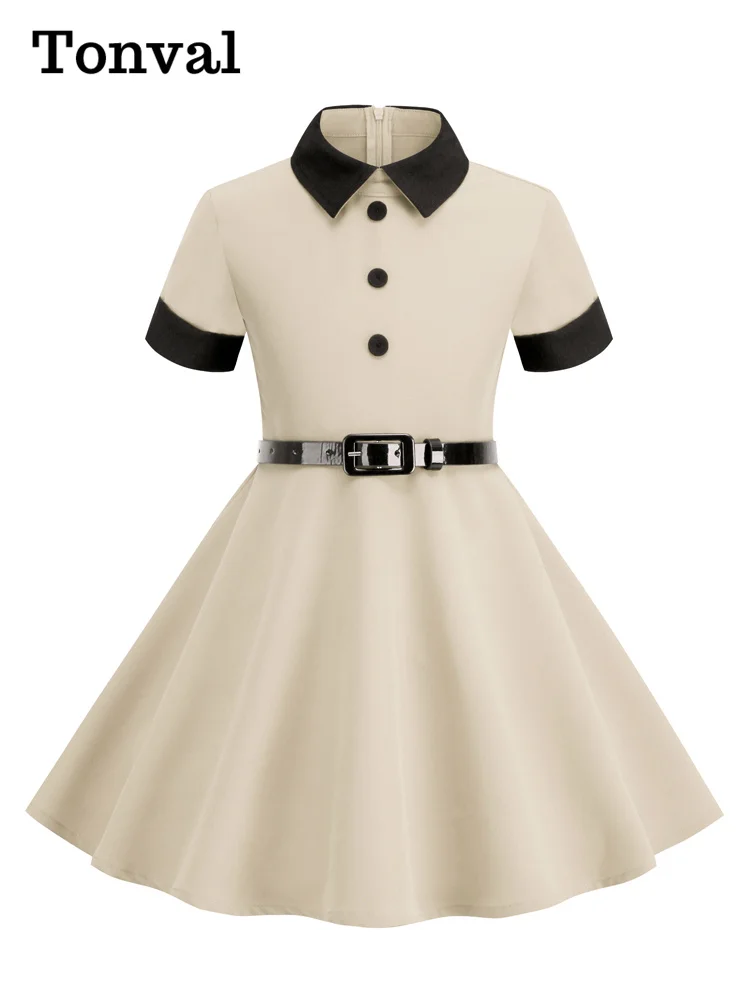 Tonval Turn Down Collar Button Front Vintage Childrenswear Short Sleeve Belted A-Line Kids Bridesmaid Dresses for Girls 4