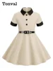 Tonval Turn Down Collar Button Front Vintage Childrenswear Short Sleeve Belted A-Line Kids Bridesmaid Dresses for Girls 4