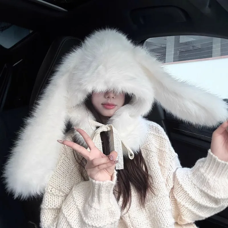 Bunny White Plush Rabbit Ear Hat Women Winter Cute Warm Balaclava Scarf Integrated Neck Protection Neck Cover Hat Beanies Gifts