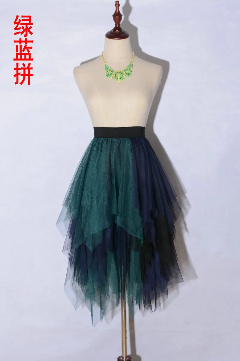 Green Patchwork Irregular Tulle Skirt Women 2022 New Spring Summer High Waist Midi Long Tutu Skirt Female Jupe Longue