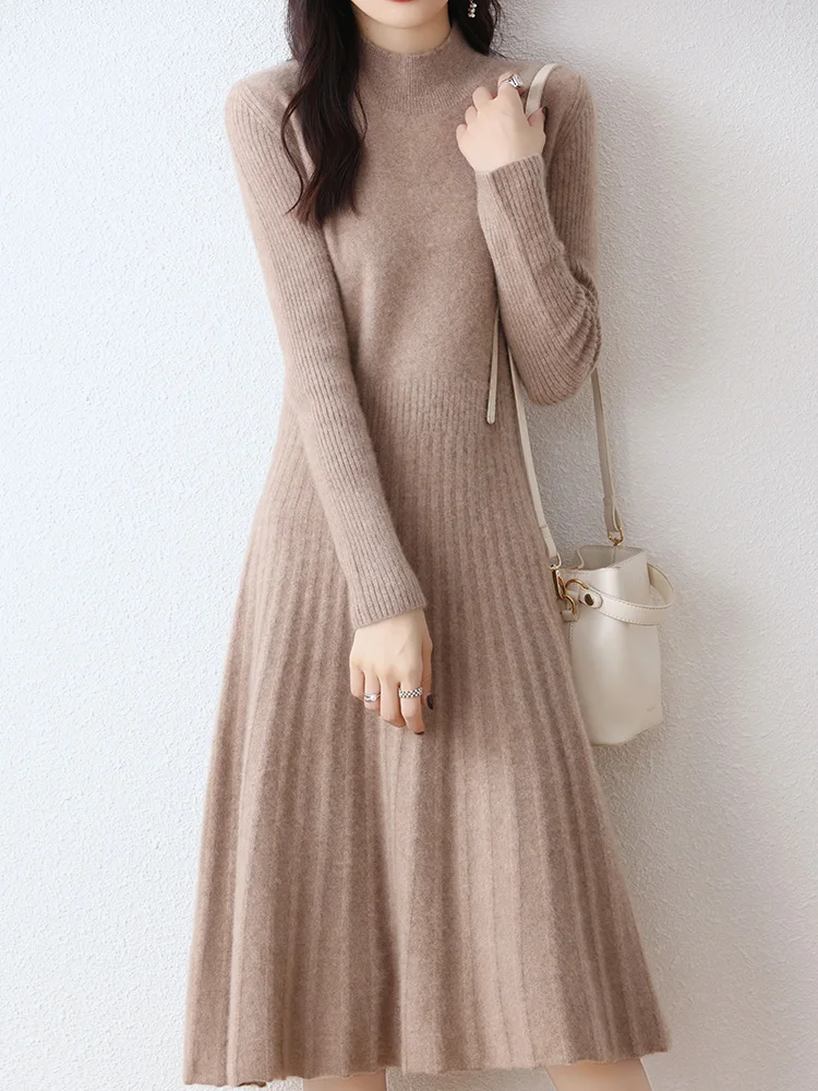 High-Neck Over-The-Knee Wool Dress