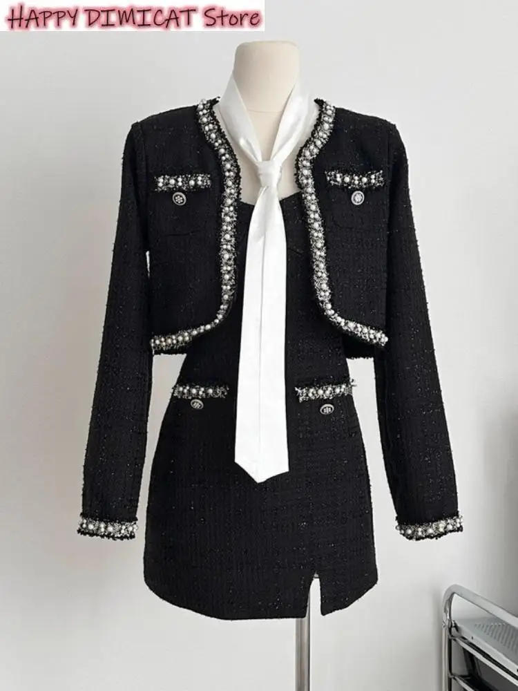 Ladies Suit Black Tweed Elegant Luxury 2 Piece Set Autumn Winter Small Fragrance Wool Jacket Coat + Spaghetti Strap A-Line Women