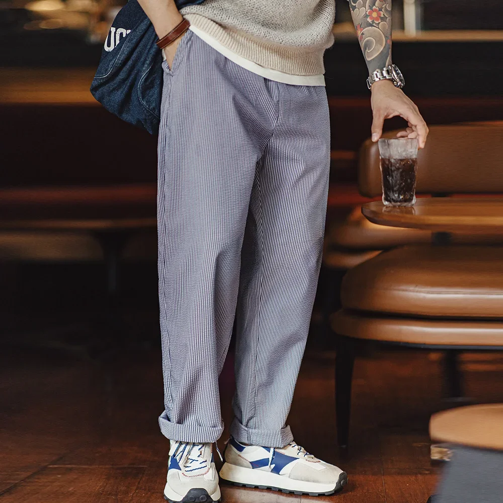 Maden Easypants Seersucker Striped Casual Pants Elastic Waist And Drawstring Design Iron-free Straight Trousers Men casual pants