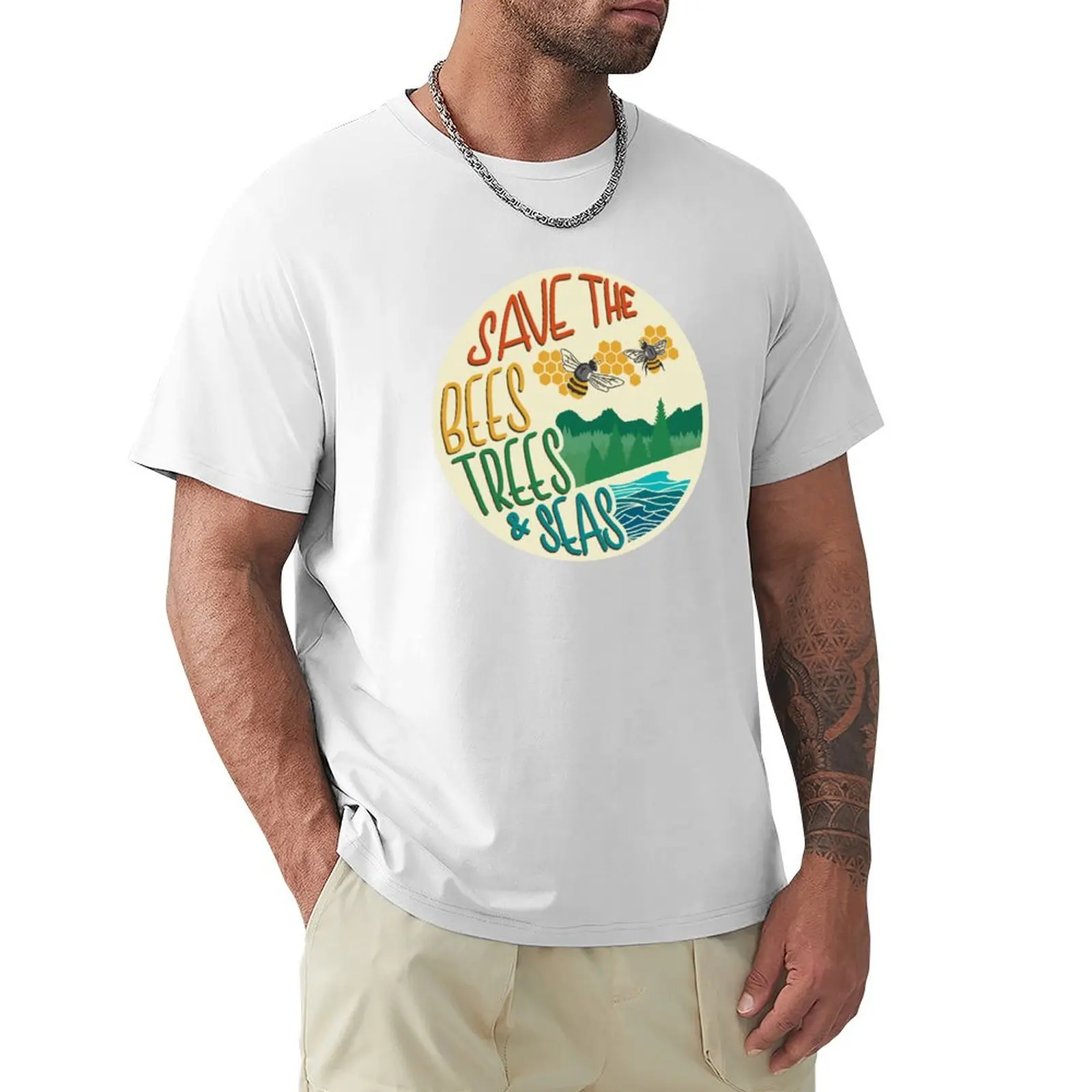 

Save The Bees, Trees, & Seas Retro T-Shirt graphics tops customizeds mens cotton t shirts