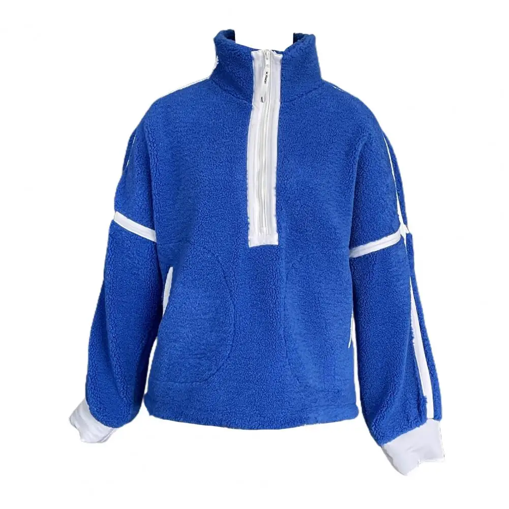 

Loose Fit Sweatshirt Cozy Color Block Zipper Sweatshirt for Women Thick Plush High Collar Pullover with Pockets Warm Winter Mid