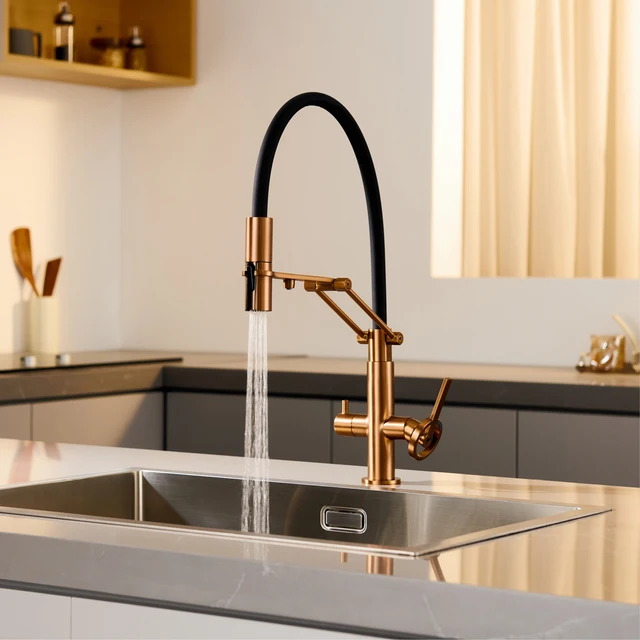 ก๊อกน้ำครัวโครเมียมทองเหลืองทันสมัย พร้อมหัวฉีดแบบดึงลง 3-in-1 ฟังก์ชั่นน้ำบริสุทธิ์ แบบรูเดียว 2 หัวก๊อก น้ำร้อนน้ำเย็น 3