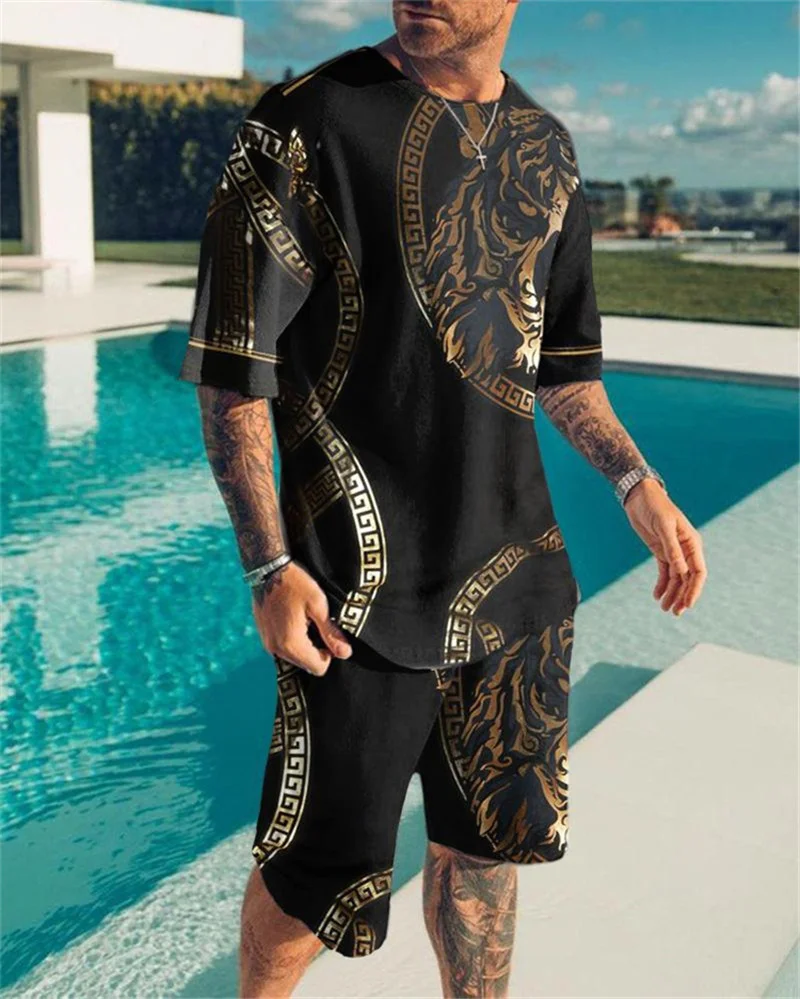 New Summer Tracksuit Set Short Sleeve Animal Tiger Printed Oversized Men's Trend Casual Beach Style T-shirt Shorts 2 Piece Suit