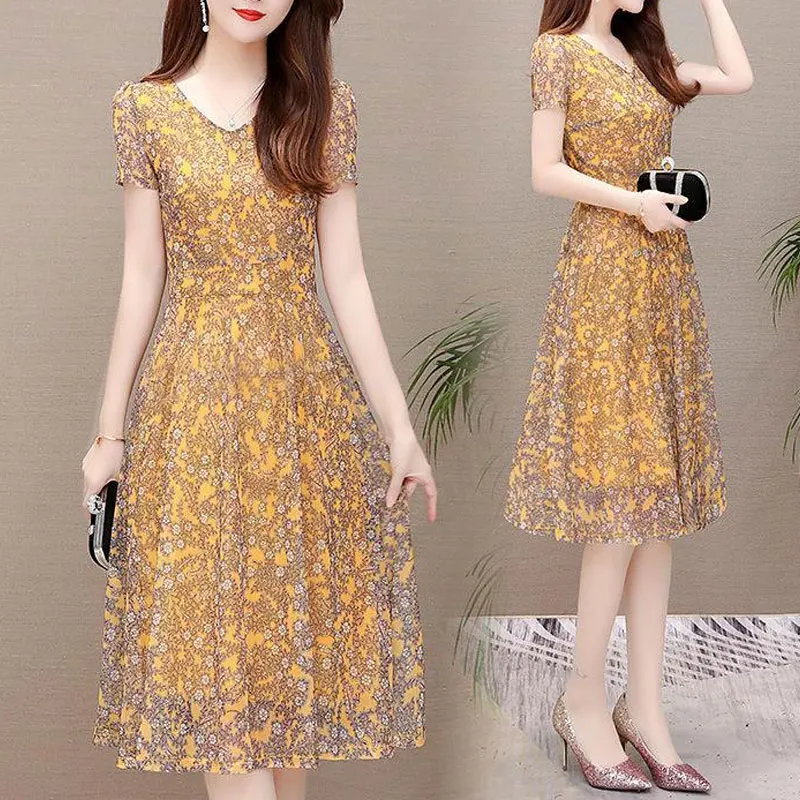 

Elegant V-Neck Casual Dresses Summer Vintage Broken Flower Printed Female Clothing Korean Gauze A-Line Patchwork Midi Dress 2023