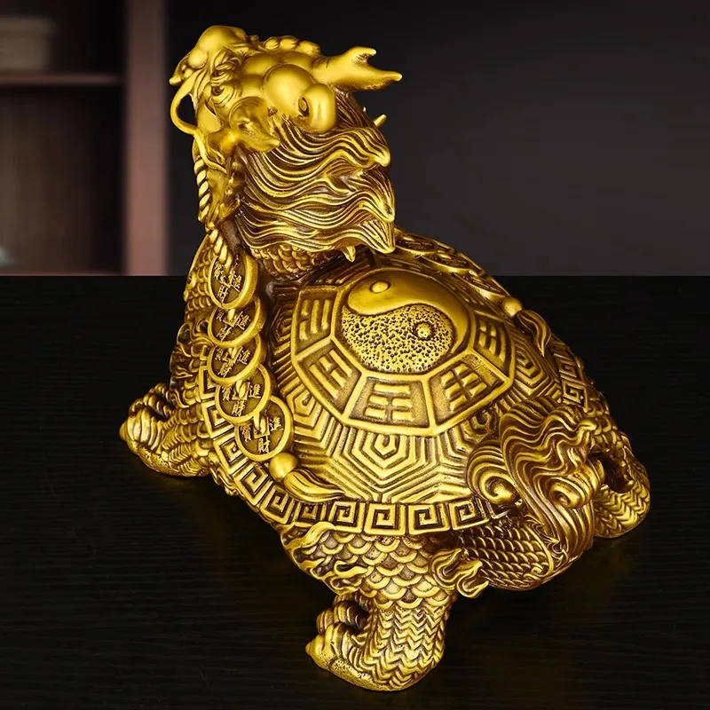 Brass Tortoise Dragon Statue for Good Luck Fortune Wealth, Chinese Feng Shui Pi Xiu Tortoise Home Office Desk Decor, Gift