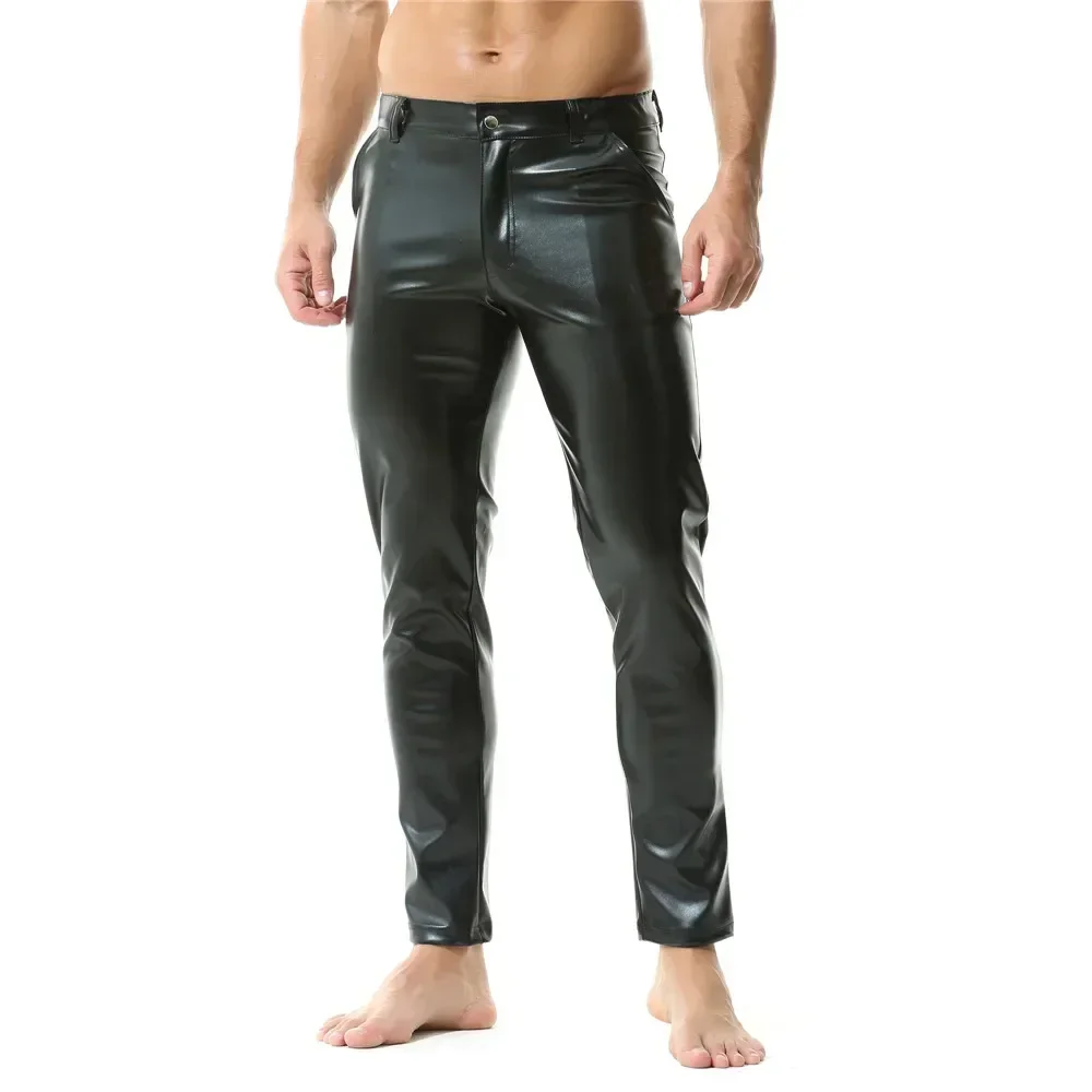 Mens Casual Zipper Faux Leather Pants Men Streetwear Nightclub Straight Trousers With Pockets Male Motorcycle Stage Short Pants leather pants skinny pants