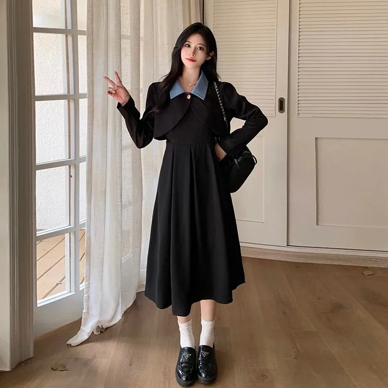 

UNXX Skirt Suits Woman Autumn Long-sleeved Tank Top Suspender Dress Set Black Stitching Coat Dress Two-piece Sets Womens Outfit