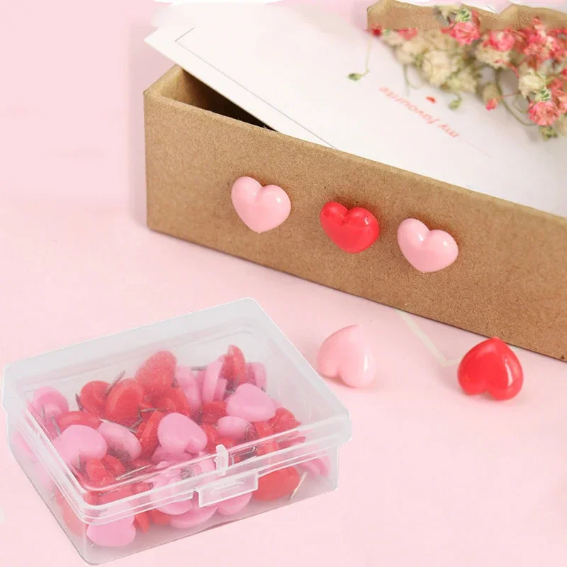 50pcs/box Cute Heart Plastic Push Pins Assorted Making Tacks Wall Pins Cork Board School Stationery Office Binding Supplies