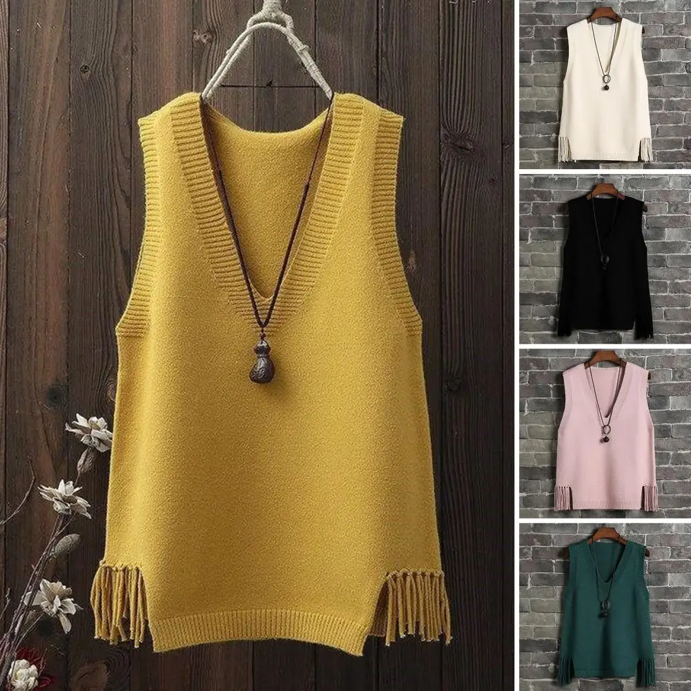 

Women Tank Top Stylish Tassel V Neck Knitted Vest for Women Soft Elastic Loose Pullover Tank Top Sweater with Irregular Hem
