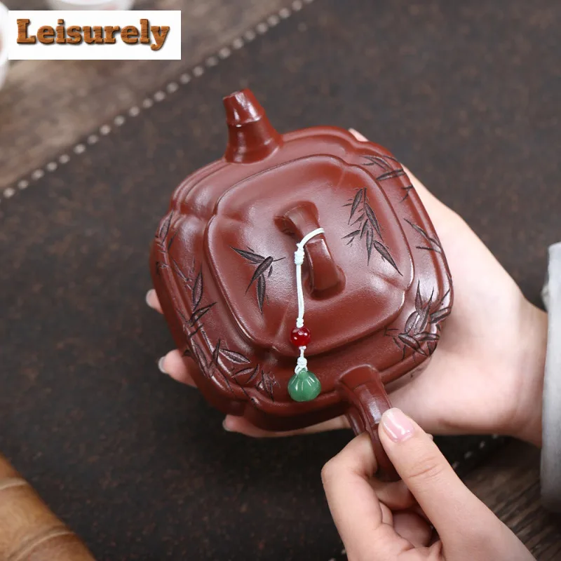 400ml Traditional Yixing Purple Clay Teapots Handmade Square Bamboo Tripod Pot Raw Ore Zhu Mud Kettle Chinese Zisha Teaset Gift