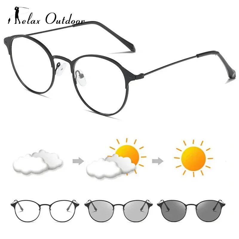 

Retro Blue Light Blocking Glasses UV Protection Photochromic Sunglasses Men Women Round Frame Metal Flat Mirror Eyewear
