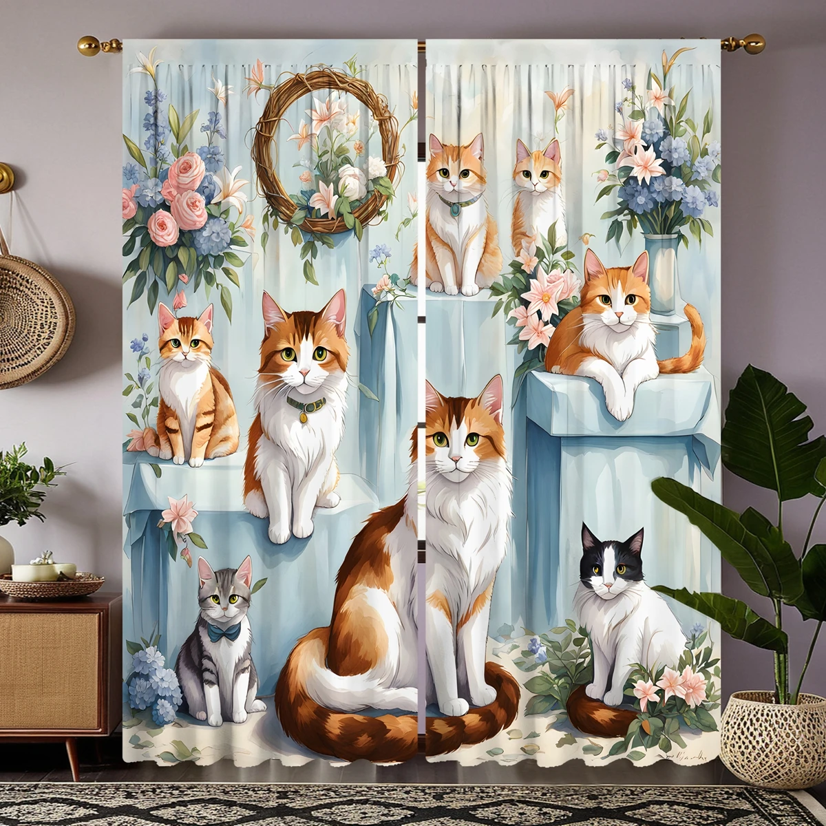 2pcs HD cute cat pet flowers decorative curtain Blue tie digital printed curtain Home Decoration style Decoration living room 2