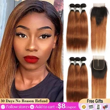 T1B/30 Ombre Brown Bundles With Closure SOKU Brazilian Straight 3 Bundles With Closure Non-Remy Human Hair Weave Extension