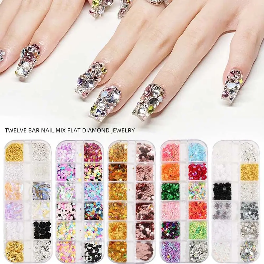 12Grids Star Moon Nail Charms Decorazioni Per Unghie 3D Paillettes Laser Triangoli Cuore Hollow Rivet Studs Forniture Steel Balls Manicure