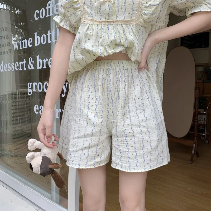 가정용 프릴 잠옷 세트, 여름 프린트 잠옷, 반바지 소매 활, 단추 밤 착용, 한국 홈 세트, 2024, 2 피스