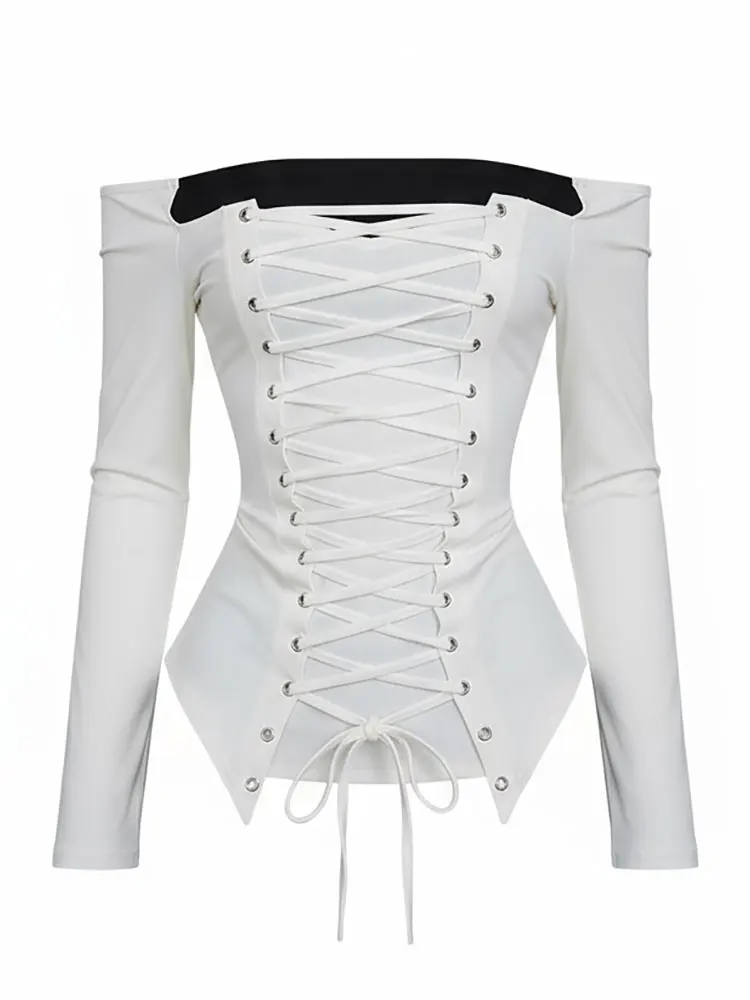 ضمادة طويلة الأكمام تي شيرت المرأة الأبيض الأساسية قبالة الكتف الأعلى سليم صالح الدانتيل يصل القوس تعادل بلوزة مثير تيز تونك قميص