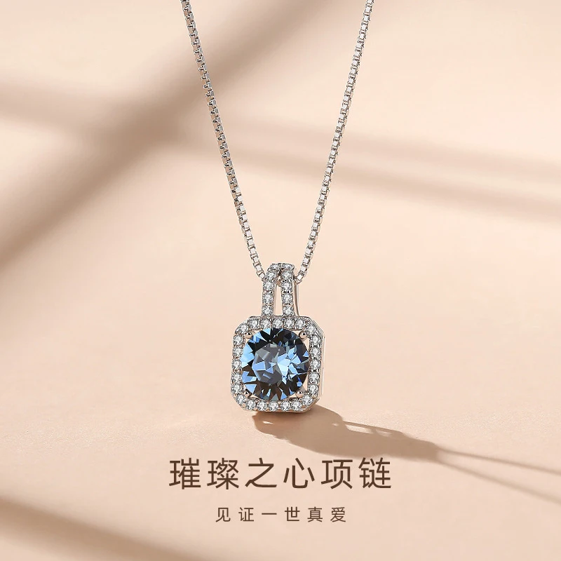 

New Bright Heart Square Crystal Necklace S925 silver Woman Korean Fashion INS Necklace High-grade Stone Pendant Silver Jewelry
