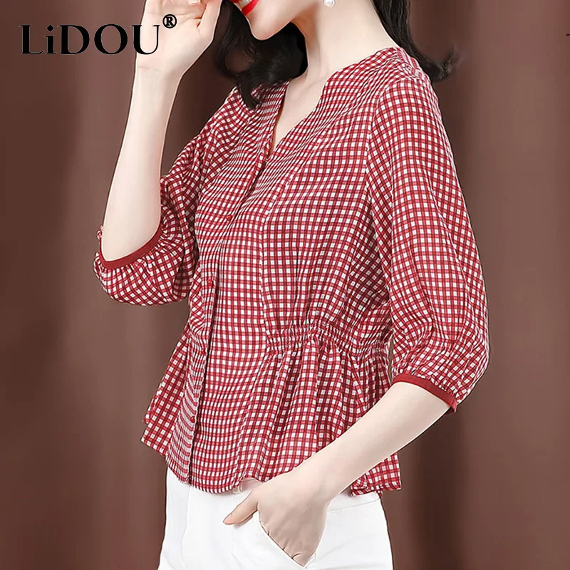 Summer New Korean Elegant Chiffon Shirt Loose Casual V-neck Half Sleeve Tops Women Fashion Chic Blouses Femme Female Clothing