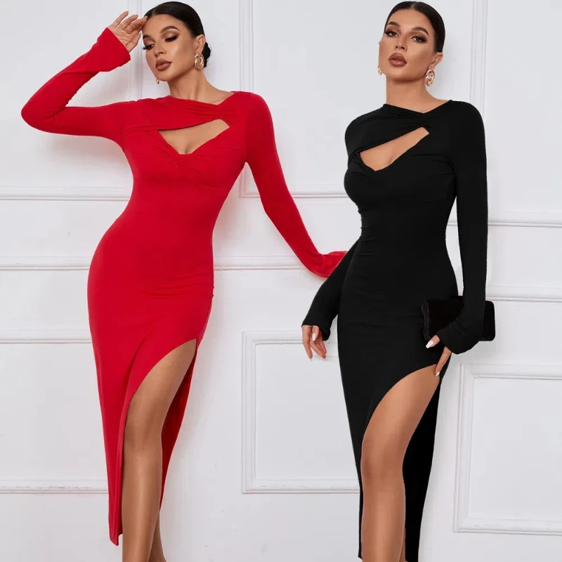Autumn New Style Chest Hollow Out Twisted Slim Long Sleeved Dress Sexy High Slit Temperament Dress for Women 54