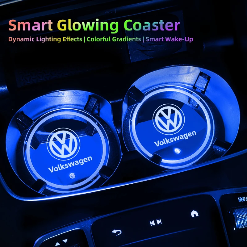 LED 자동차 컵홀더 패드 충전식 자동 분위기 조명 (폭스바겐 VW GTI 폴로 골프 파사트 티구안 아테온 투아렉 CC 타이고 용)