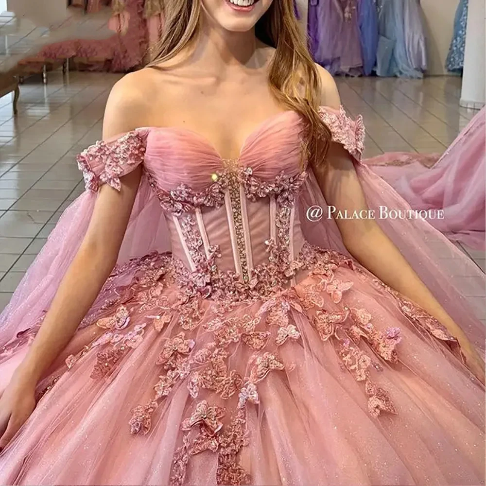 ANGELSBRIDEP Pink Ball Gowns Quinceanera Dresses With Cape 3D Lace Appliques Beading Corset Vestidos De XV Anos Customized