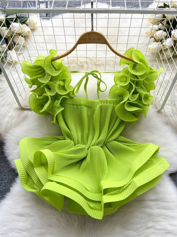 

Women Ruffle Solid Color High Waist Short Chic Shirt Top Temperament Slim Clothing Sweet Korea Chic Summer 2024