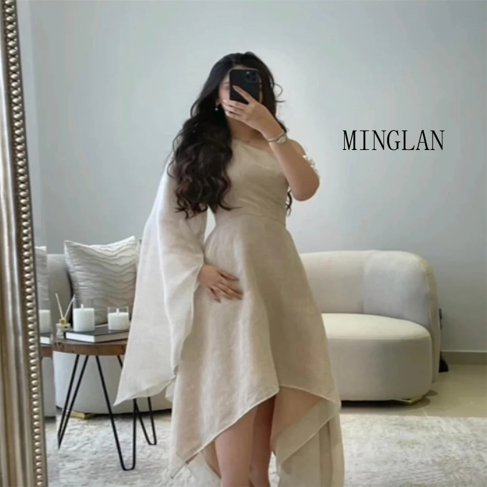 

MINGLAN Elegant Ivory Full One Shoulder Pleat Fashion Prom Dress Beading Knee Length A Line Evening Gowns For Women New 2023