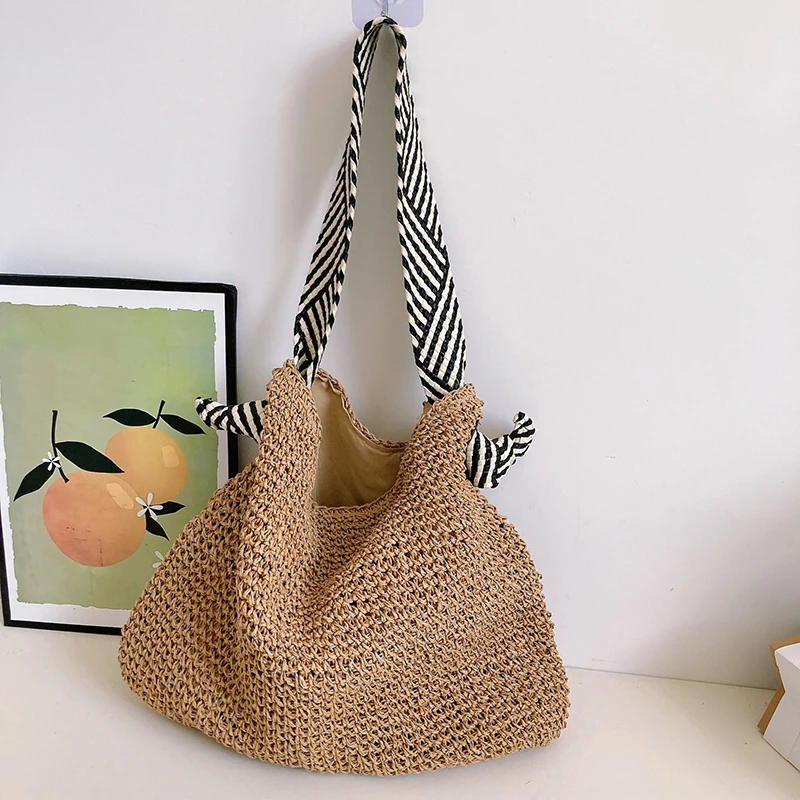 Fashion Straw Beach Basket Bag Women Rattan Shoulder Bag Large Capacity Woven Hand-made Handbag Female Purse Totes