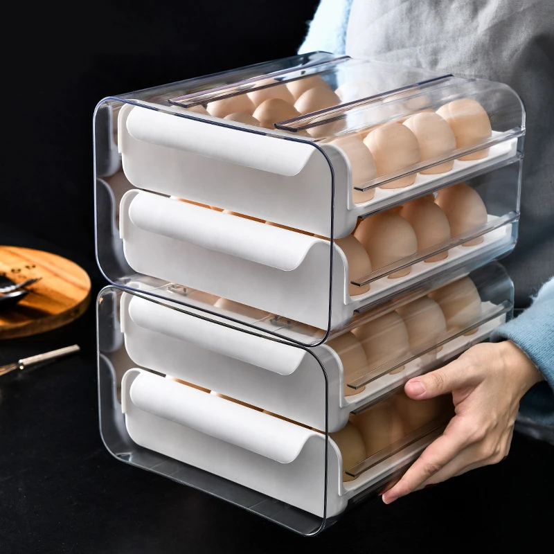 GBSC High Quality Kitchen Drawer Transparent Double-layer 32-grid Egg Box Refrigerator Crisper Portable Picnic Egg Storage Box vintage Storage Boxes & Bins