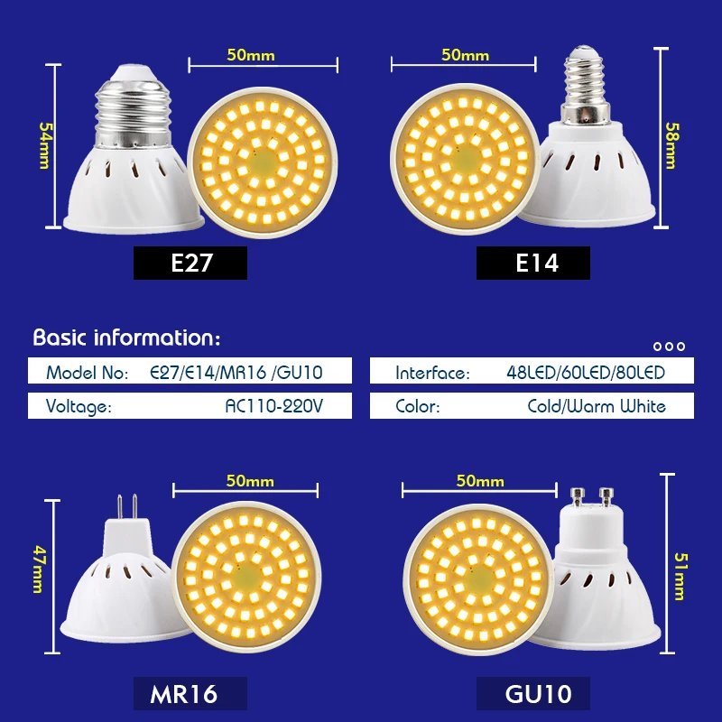 1-10PCS Led 스포트라이트 GU10 MR16 E27 E14 전구 AC 110V 220V 48 60 80 LED 실내 조명 3000K 6000K Bombillas