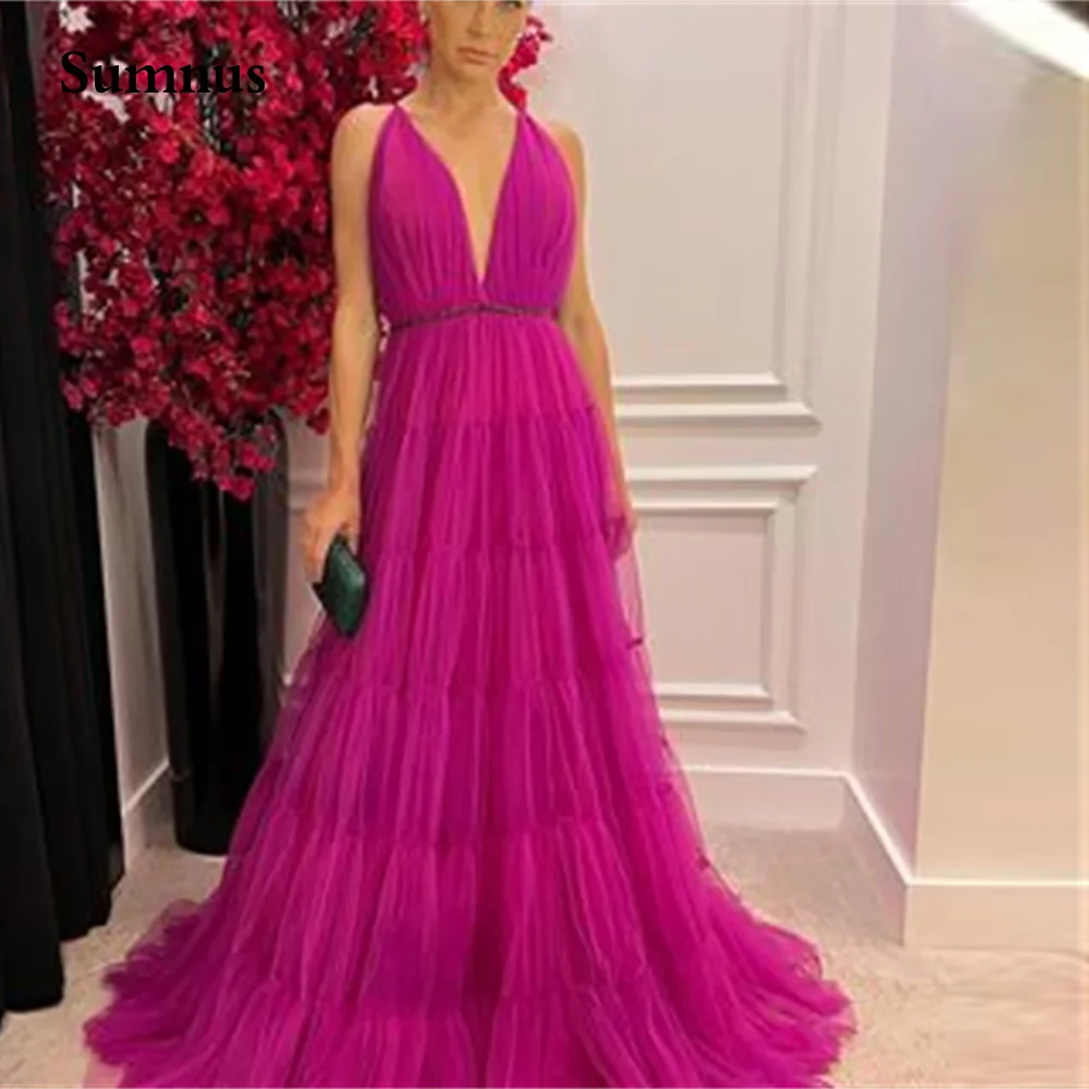 evening dresses for weddings Sumnus Spaghetti Princess A Line Prom Dress Sexy Deep V Neck Long Evening Gowns Plus Size Tulle Open Back Party Dresses sexy evening dresses