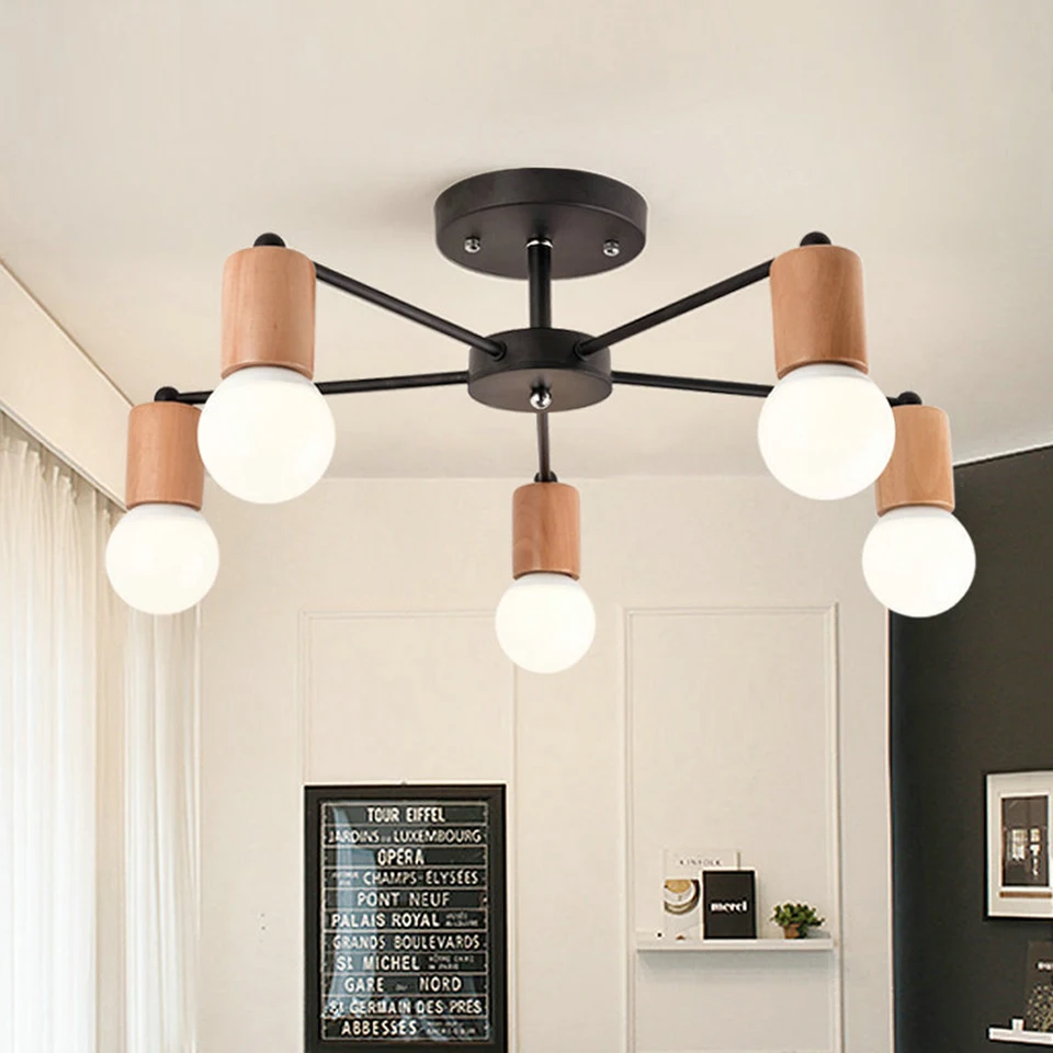 Lámpara de techo Industrial moderna de hierro y madera Sputnik, lámpara de techo Vintage, lámpara de iluminación para el hogar, LED E27