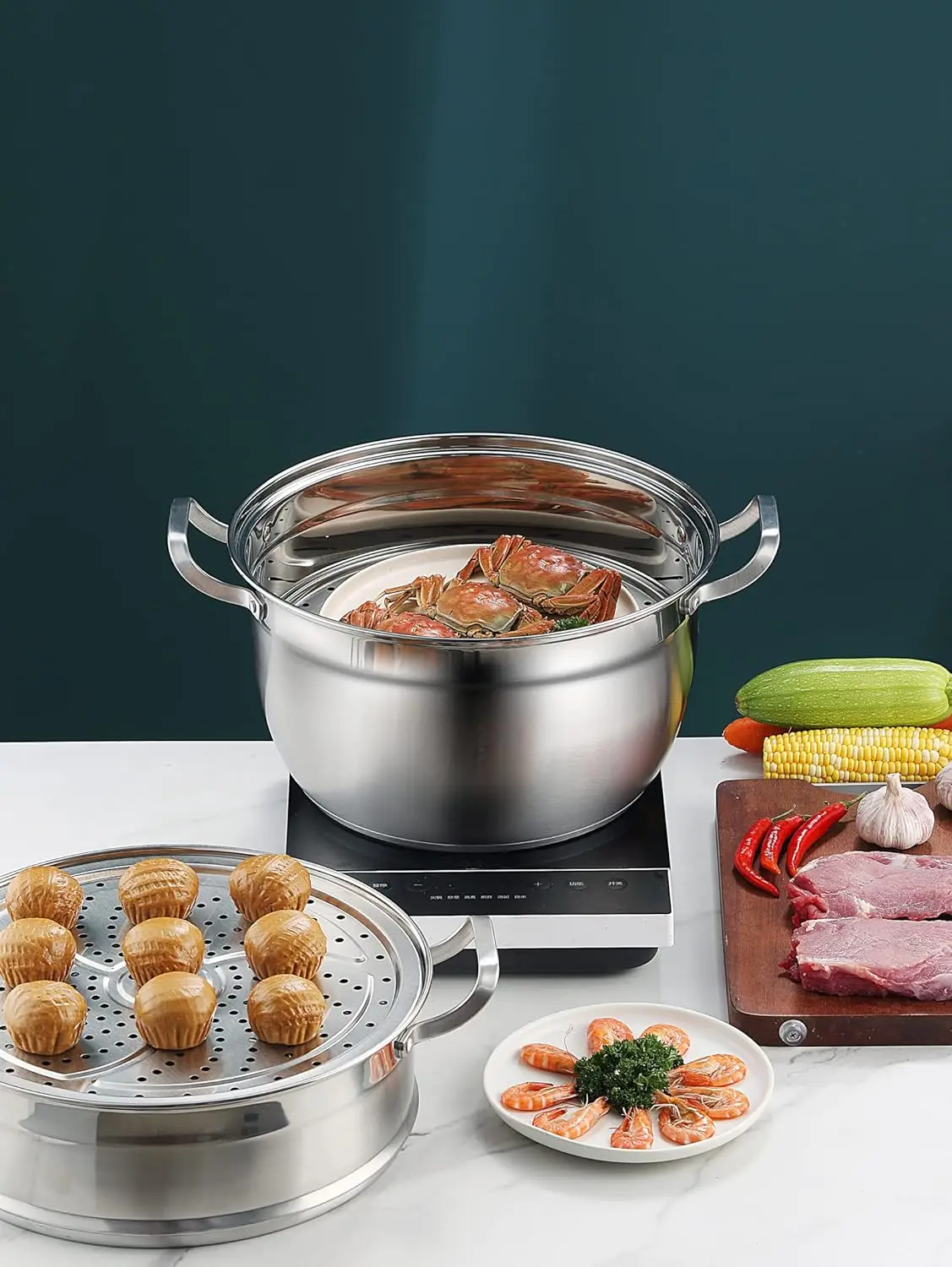 Steel Steamer Pot 2 Tier Food Steamer for Cooking Multipurpose Cookware with Tempered Glass Lid for Veg 3
