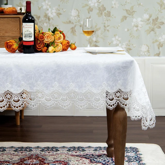 Battilo – nappe brodée en dentelle, rectangulaire, florale blanche, imperméable, pour Table à manger, fête de mariage, maison 3