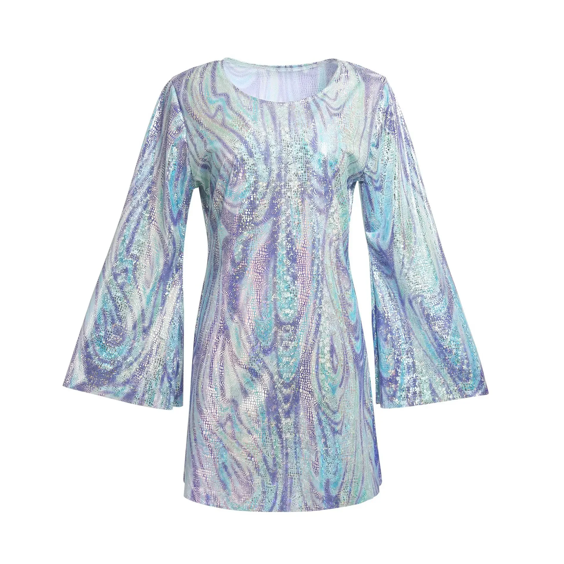 chinese dress ladies Disco Sequined V-Neck Flare Sleeve Mini Dress for Holiday Party Pink main image 1