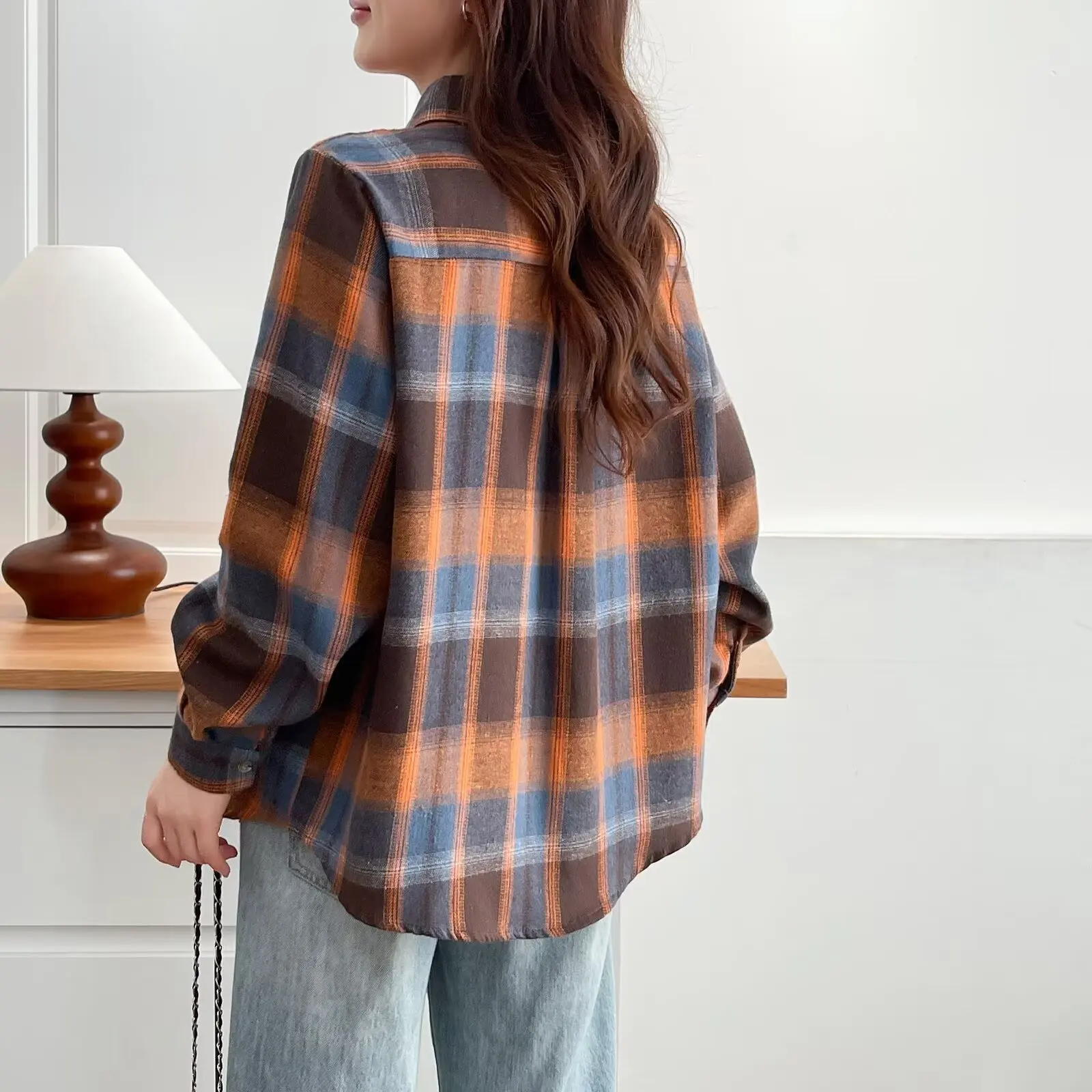 Fashion Plus Size Women's Blouses 2025 Autumn New Style Retro Versatile Plaid BRUSHED Long Sleeve Shirt 8024