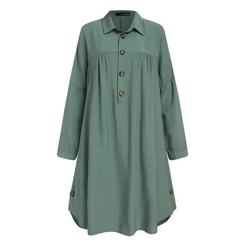 New Summer Muslim Solid Blouse For Women Simple Cotton Linen Long Shirt Saudi Arabia Islam Femme Tops Lady A-Line Shirt Dresses