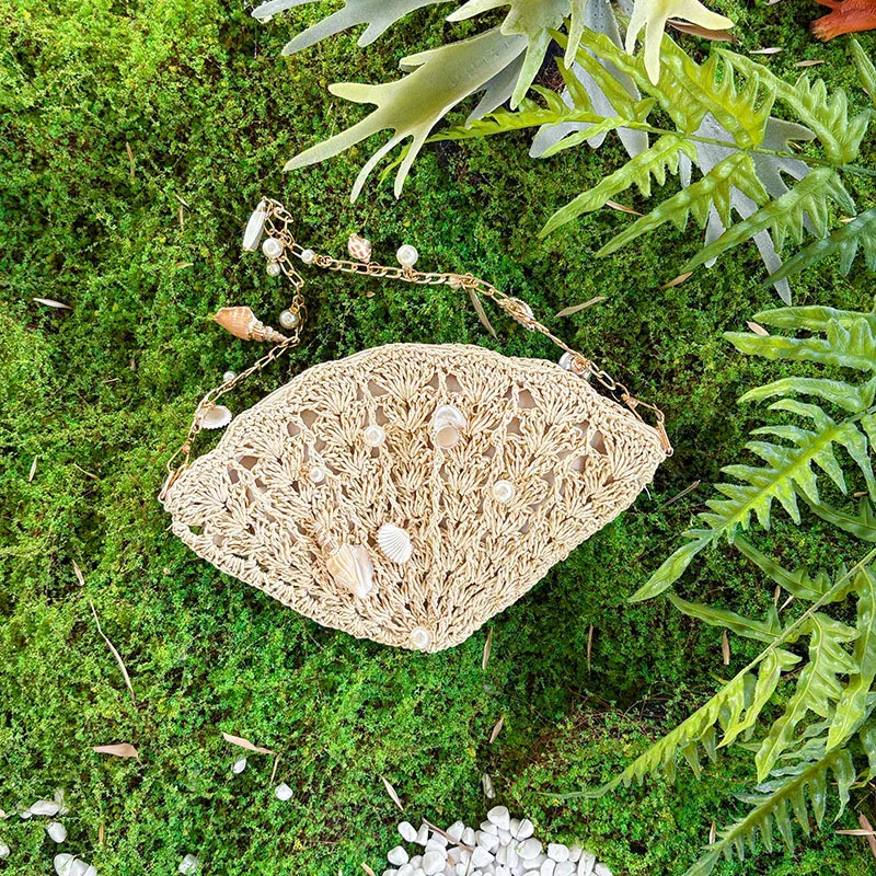 Bohemian Shell Woven Bags for Women Shoulder Bag Hollow Straw Beach Bag Funny Purses and Handbags Vacation Chains Sling Bags NEW