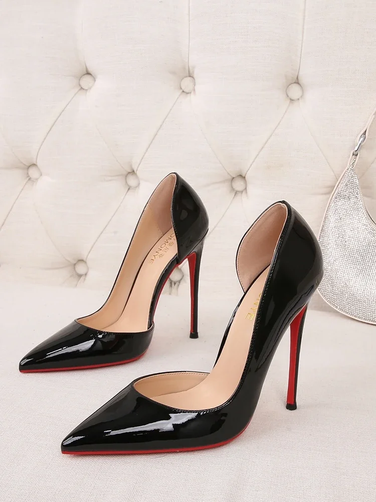 2025 Summer New Side Empty Pointed High Heels for Women Thin Heels 6cm 8cm 10cm 12cm Sexy Black Bottomed Red Leather Pumps 2