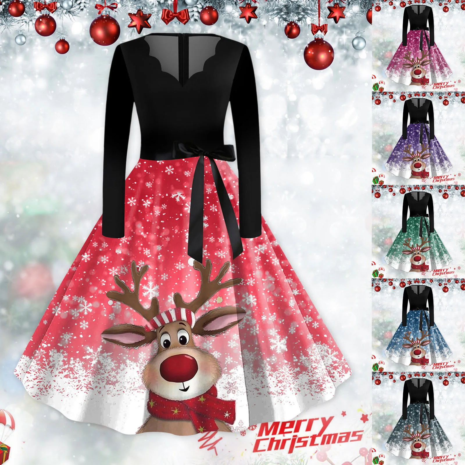 

Women's Round Neck Long Sleeve Printed Vintage Swing Dress Cocktail Prom Party Dress Christmas Shirt Formal Dresses for Women