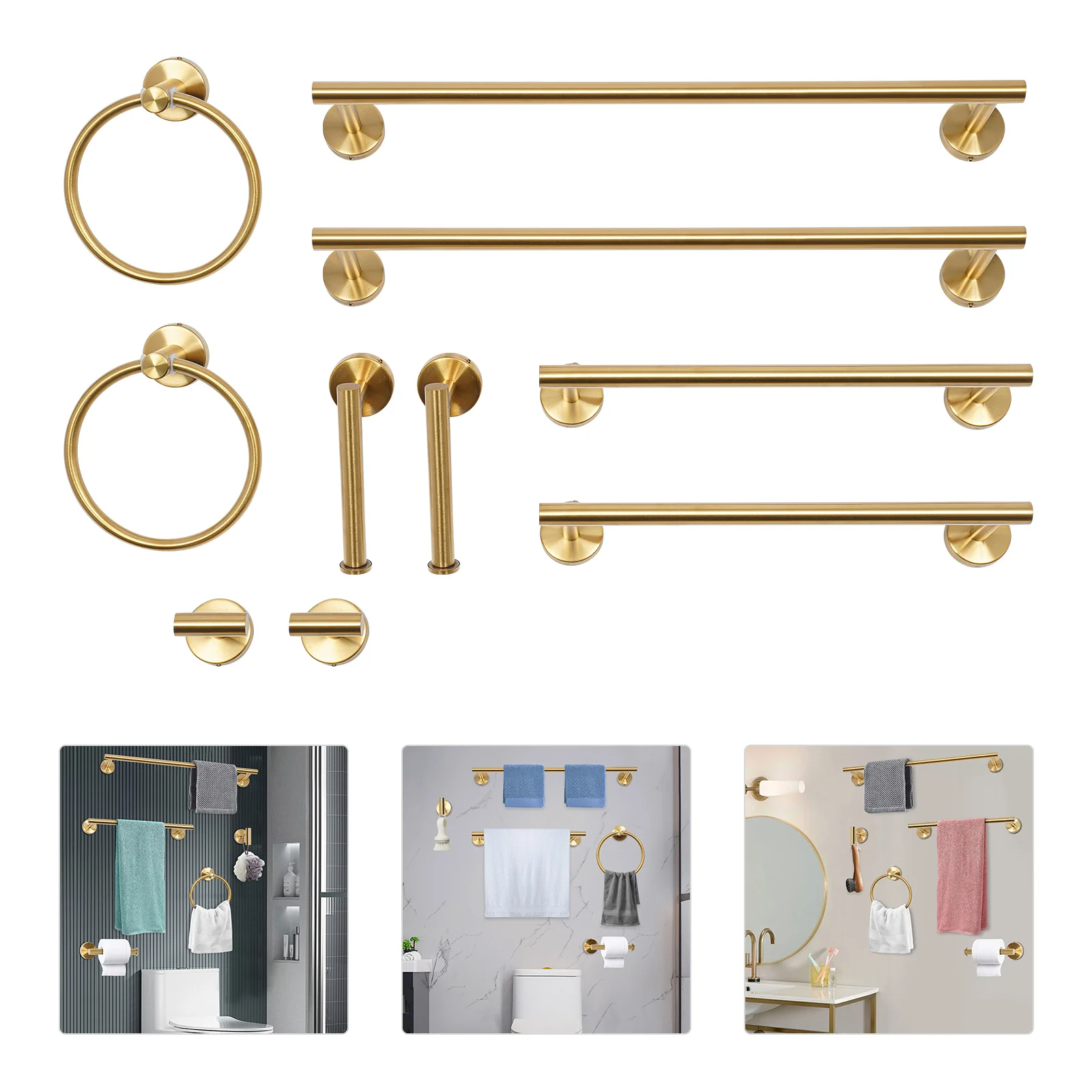 10Pcs Bathroom Hardware Kit, Stainless Steel Towel Bar Towel Ring Toilet Paper Holder Hook Set